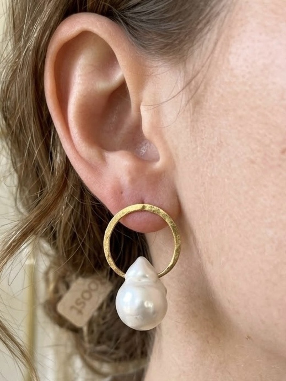 Gold Circular Stud Earrings with Large Baroque Pearl Pendants